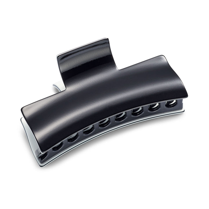 Große rechteckige Haarklammer in Schwarz mit weißem Rand aus Rhodoïd – London Kollektion, handgefertigt in Frankreich.