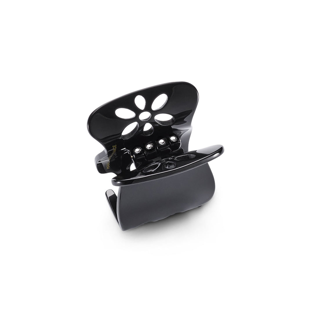 London Haarklammer mittelgroß, schwarz, patentierter Gummizug, Blumen Design mit Strass