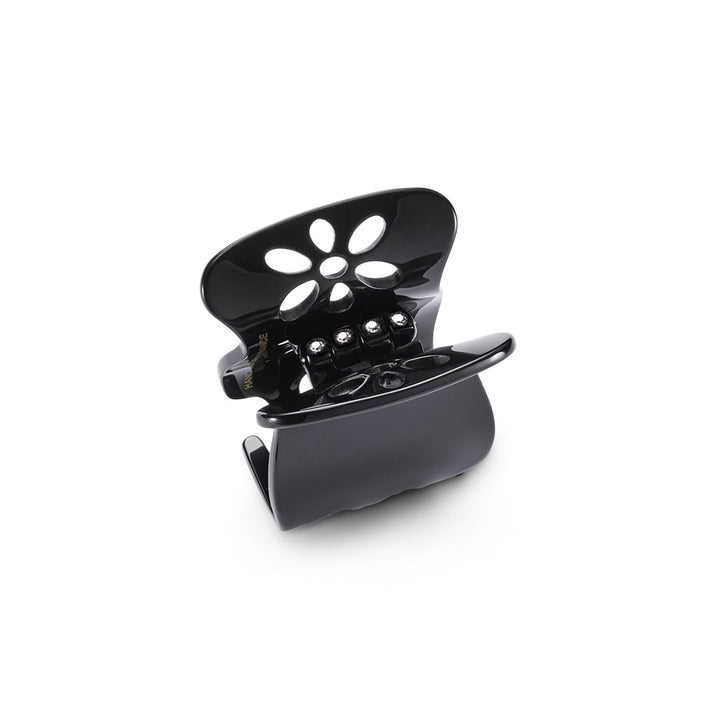 London Haarklammer mittelgroß, schwarz, patentierter Gummizug, Blumen Design mit Strass