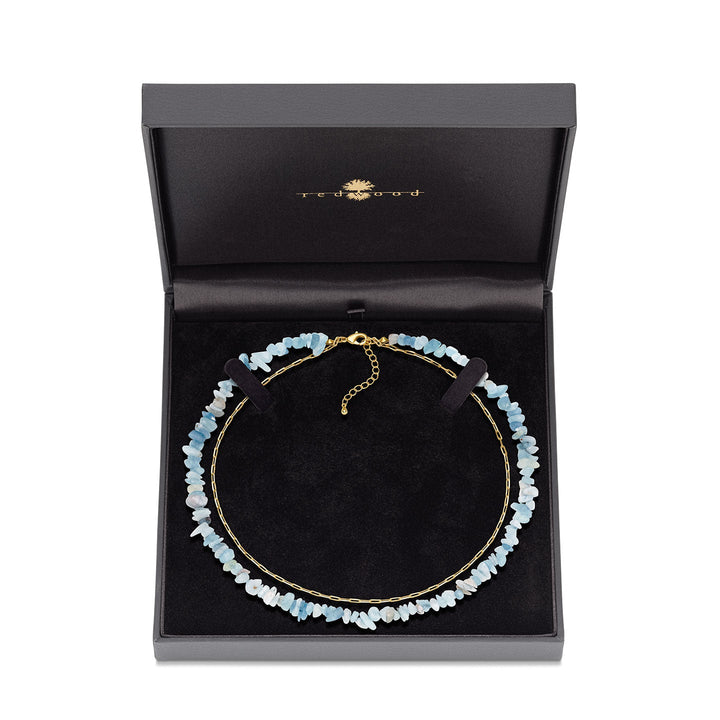 Collana doppia con pietre di acquamarina e catena placcata in oro