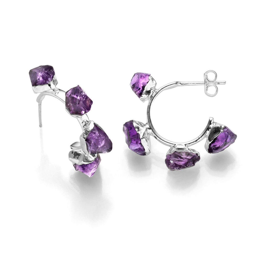 Creolen-Ohrring mit drei Amethysten, versilbert 925.