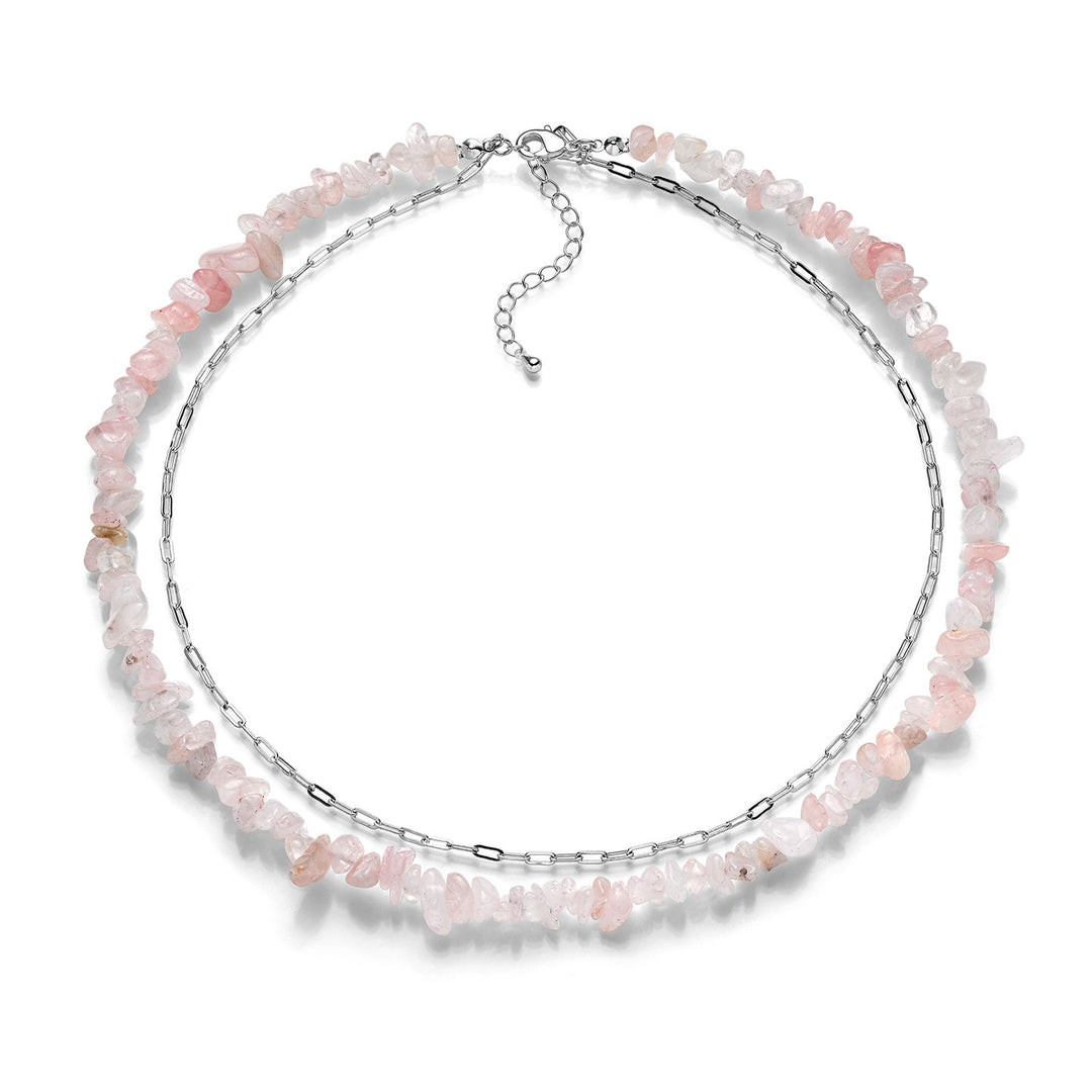 Collana doppia con quarzo rosa e catena argentata