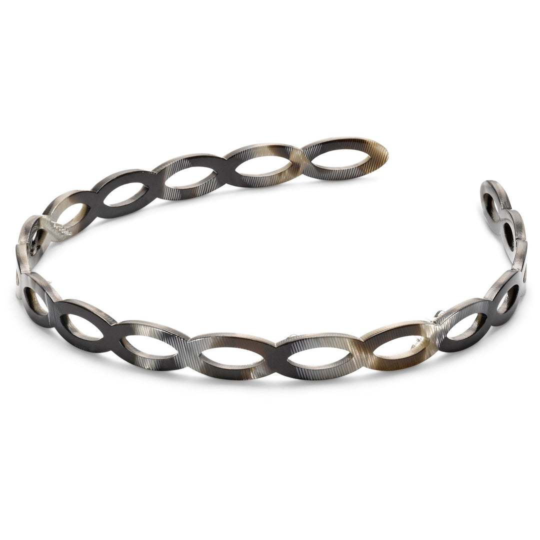 Schmaler Haarreif Bologna in schwarz-silber mit ovaler Ringreihe, perfekt für kurzes und langes Haar.