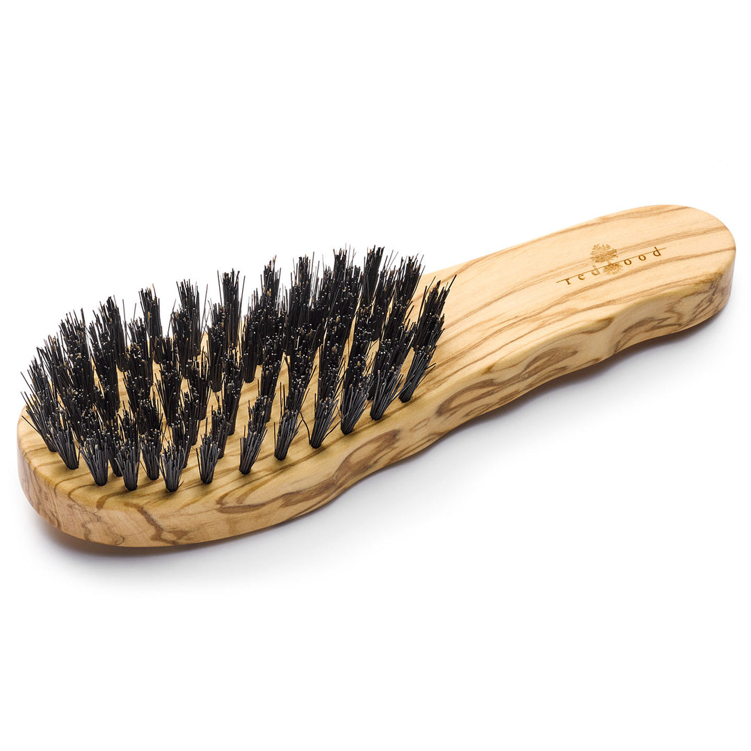 Langhaar-Pflegebürste, ergonomisch, Olivenholz, für glattes, gewelltes, lockiges und dickes Haar, extra harte Borsten