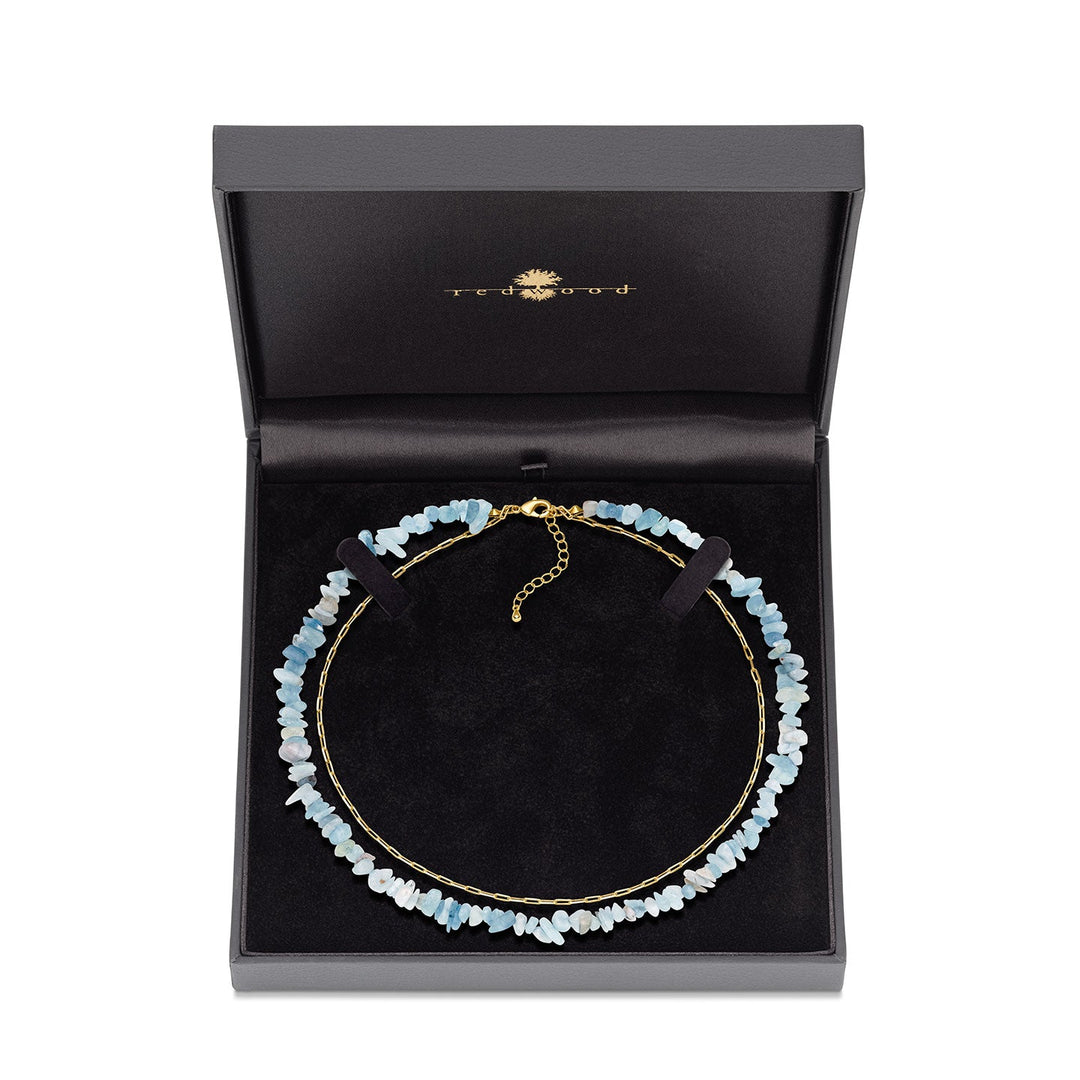 Double necklace with aquamarine stones and gold-plated chain