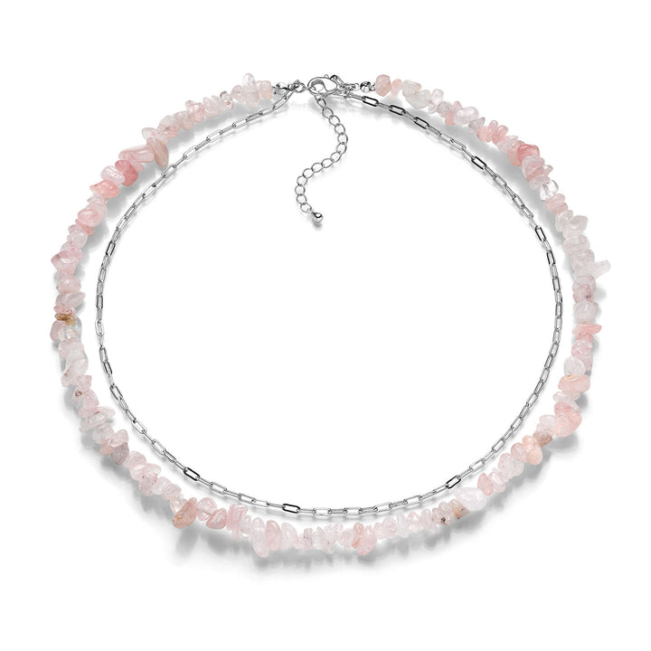 Doppelte Halskette mit Rosenquarz und Versilberter Kette